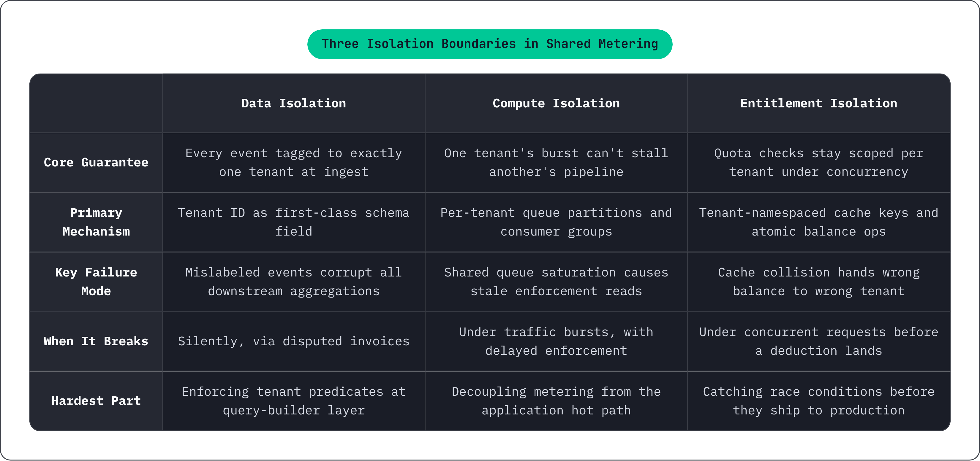 Table: Three Isolation Boundaries in Shared Metering. Compares Core Guarantee, Primary Mechanism, Key Failure Mode, When It Breaks, and 1 more by Data Isolation, Compute Isolation and Entitlement Isolation.