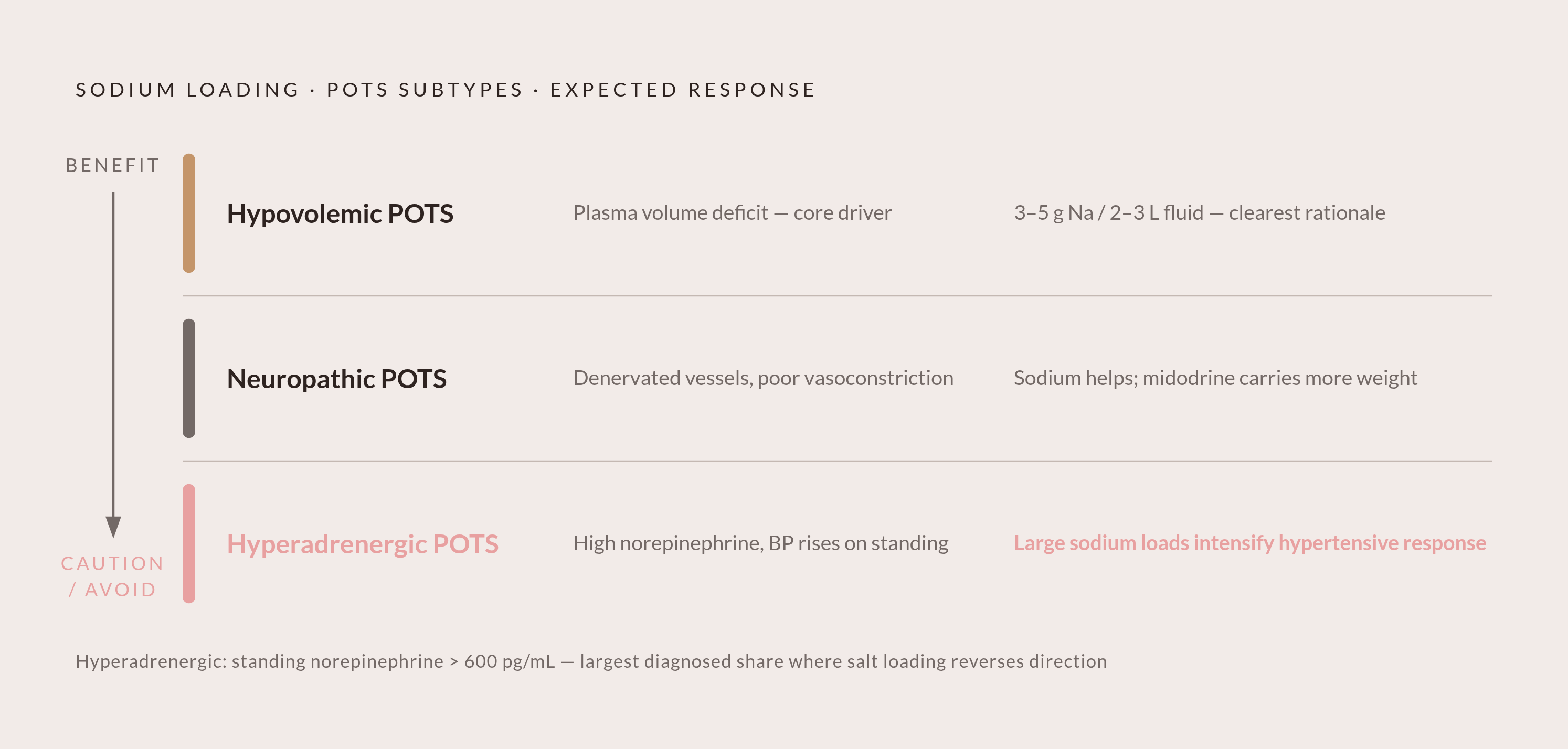 Diagram: How POTS Subtype Shapes the Salt-Loading Recommendation. Visualizes: Show three POTS subtypes arranged as a spectrum or ranked list from 'most likely to benefit' to 'may be harmed,' capturing the directional logic of sodium loading for each.