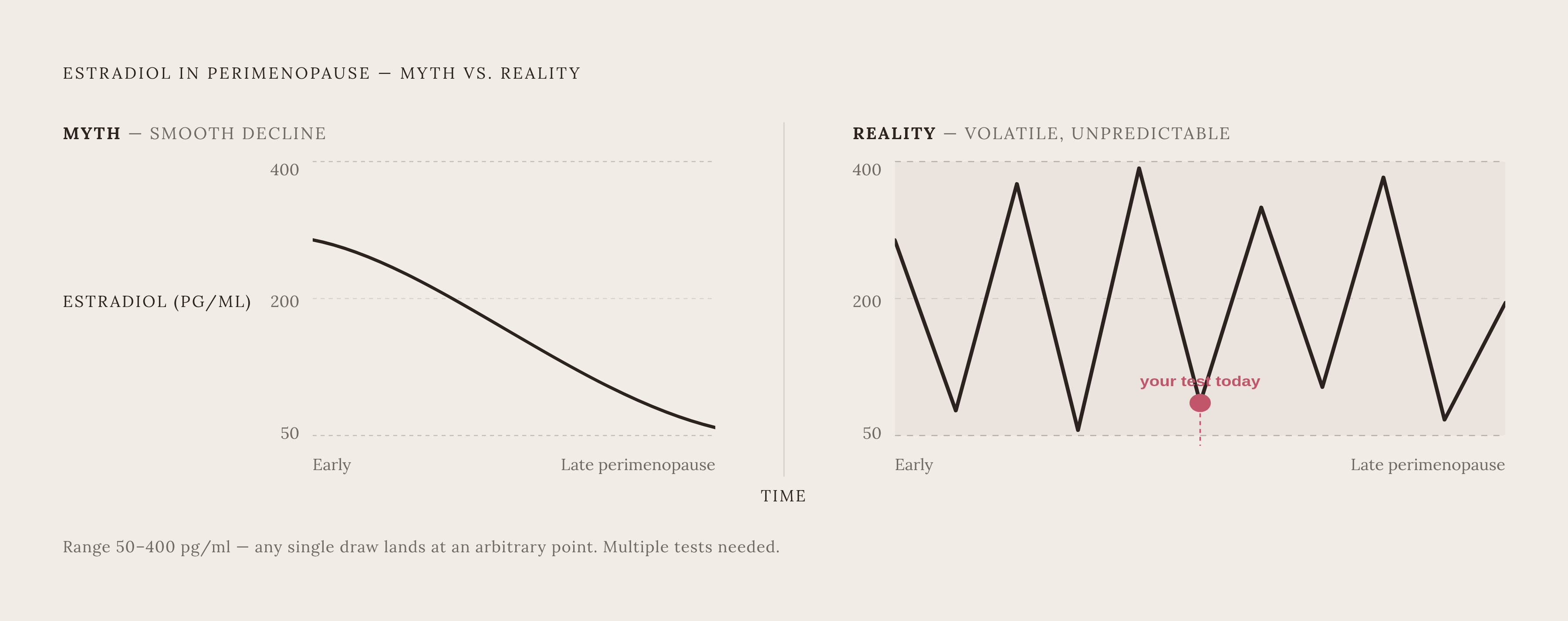 Diagram: The Estradiol Swing: Why One Reading Tells You Almost Nothing. Visualizes: Visualize the extreme volatility of estradiol during perimenopause versus the common misconception of a smooth decline.