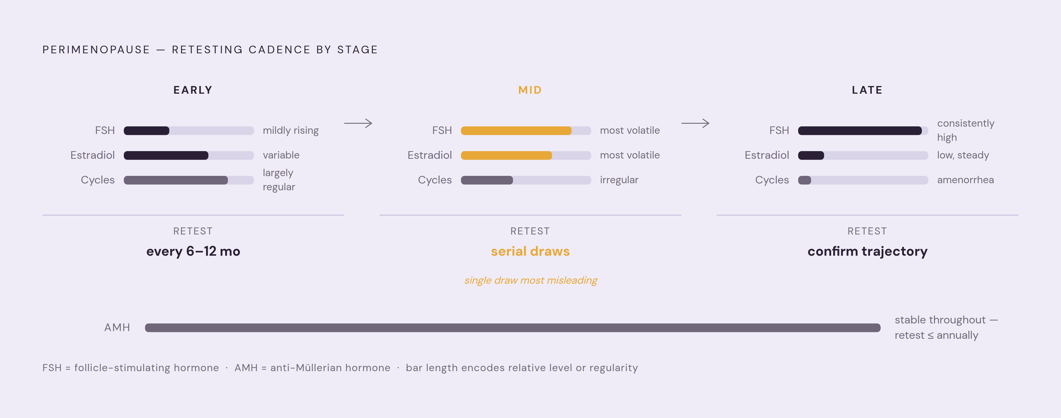 Diagram: Testing Rhythm Across the Three Stages of Perimenopause. Visualizes: Show how retesting frequency and the dominant hormonal picture shift across three named stages of the perimenopause transition.