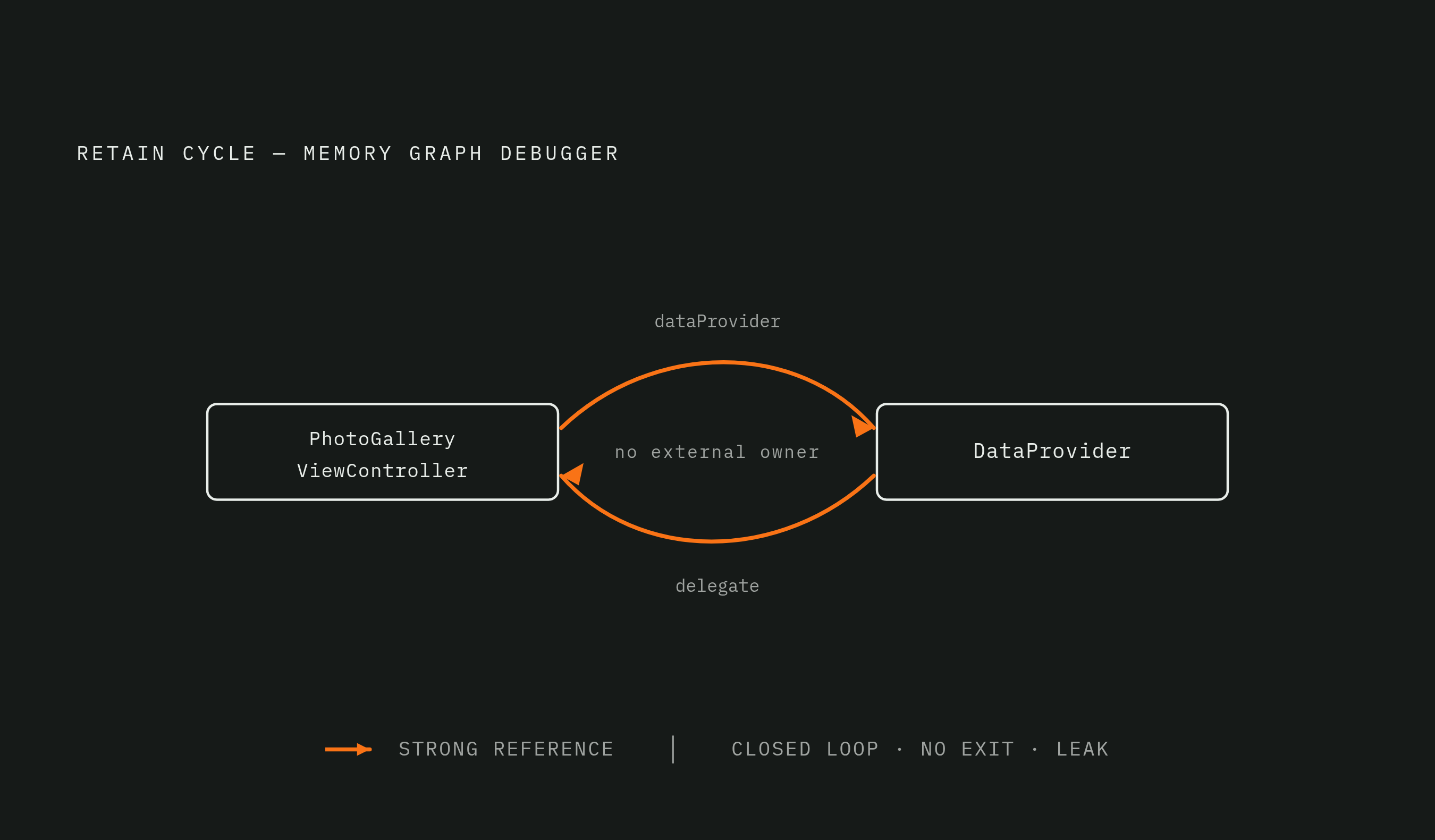 Diagram: The Anatomy of a Retain Cycle in the Memory Graph. Visualizes: Show how a retain cycle appears visually in Xcode's Memory Graph Debugger using the concrete DataProvider / PhotoGalleryViewController example from the article.