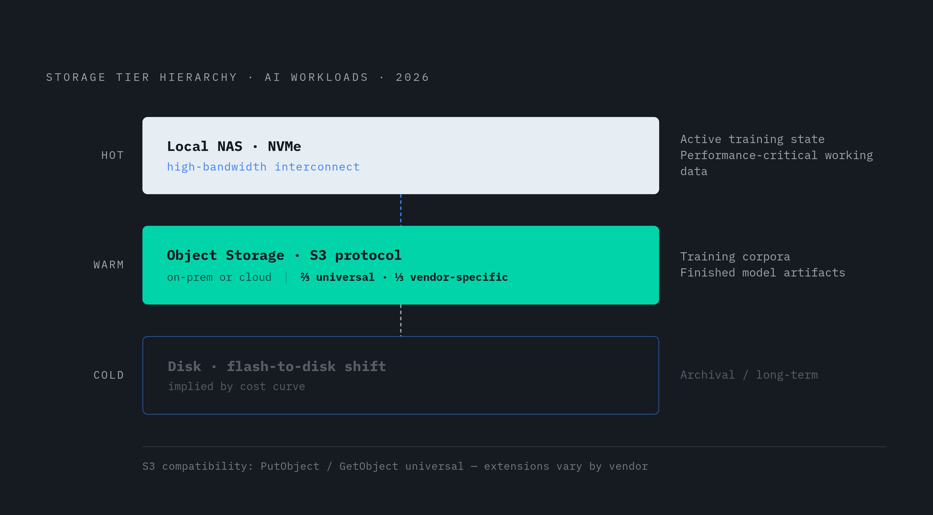 Diagram: The Three-Tier Storage Model for Hybrid AI Workloads. Visualizes: Visualize the three-tier storage hierarchy that hybrid architectures are converging on in 2026, using the exact tiers from the article: Hot tier — local NAS on NVMe over…