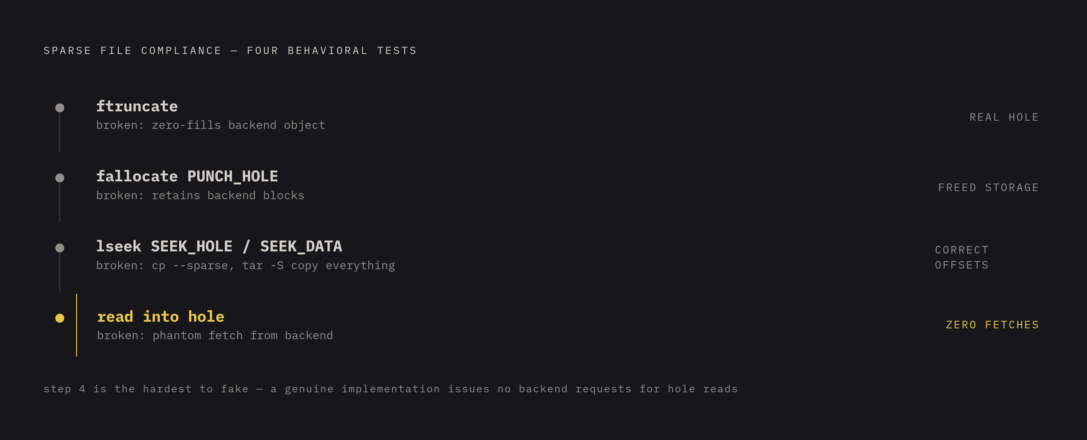 Diagram: The Four Tests That Expose a Fake Sparse File Implementation. Visualizes: Visualize the four concrete behavioral tests that determine whether an object-storage filesystem genuinely supports sparse files or is merely faking it.