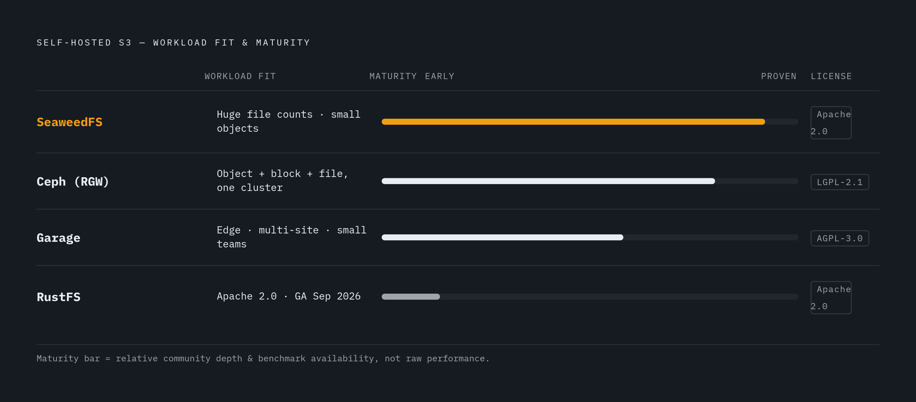 Diagram: Self-Hosted S3 Alternatives: Workload Fit at a Glance. Visualizes: Show four self-hosted S3-compatible projects mapped to their primary workload fit, arranged as a ranked or categorized list with a single defining trait per project.