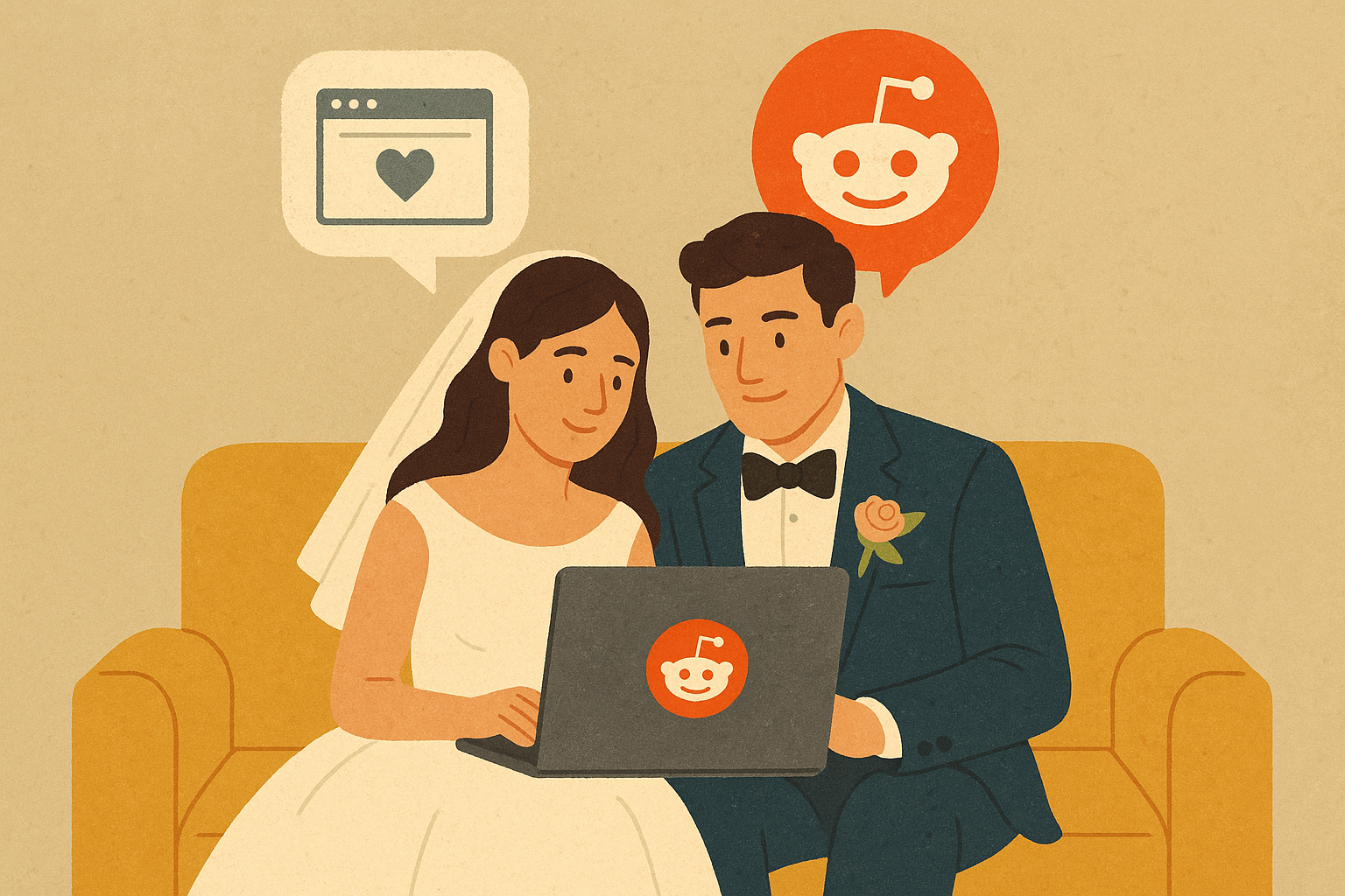 Cover illustration for “What Real Couples Say About Wedding Website Builders on Reddit”