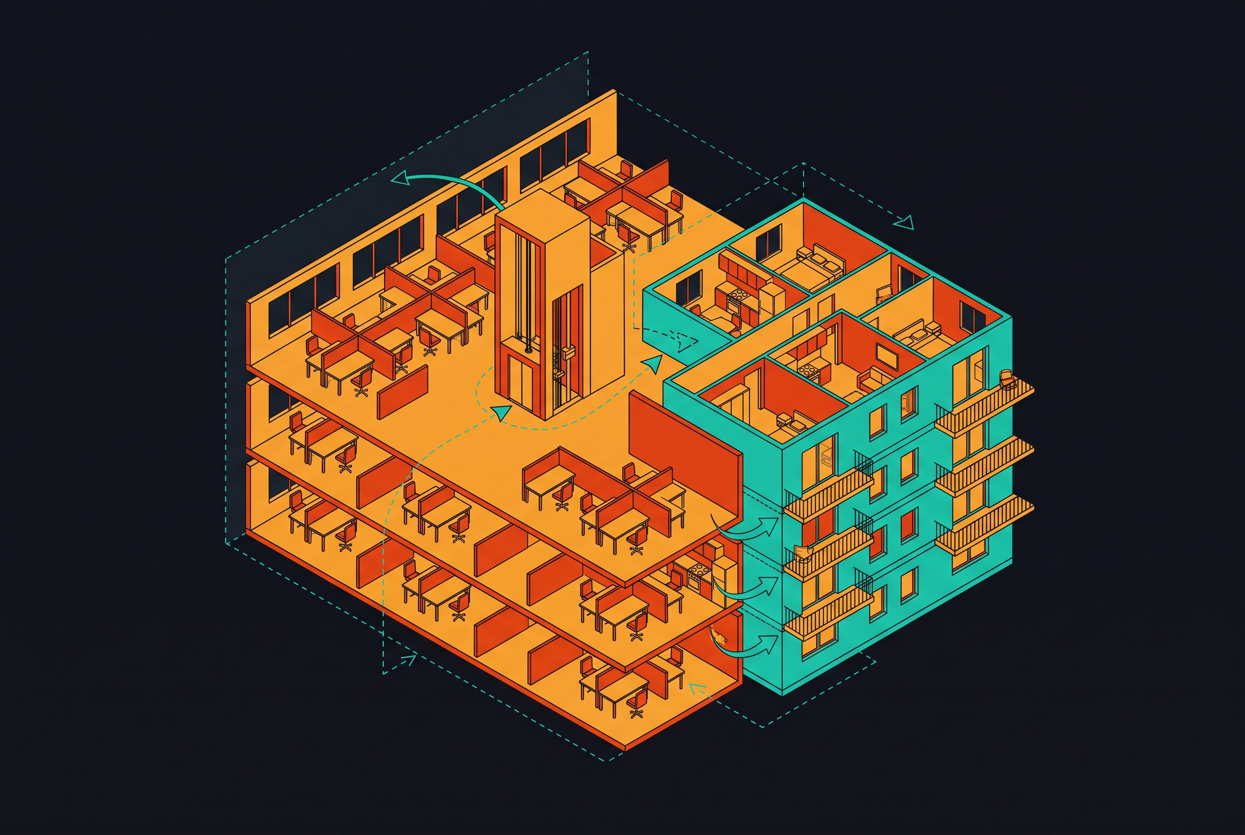 Cover illustration for “Adaptive Reuse Zoning Reforms That Enabled Office-to-Residential Conversions”
