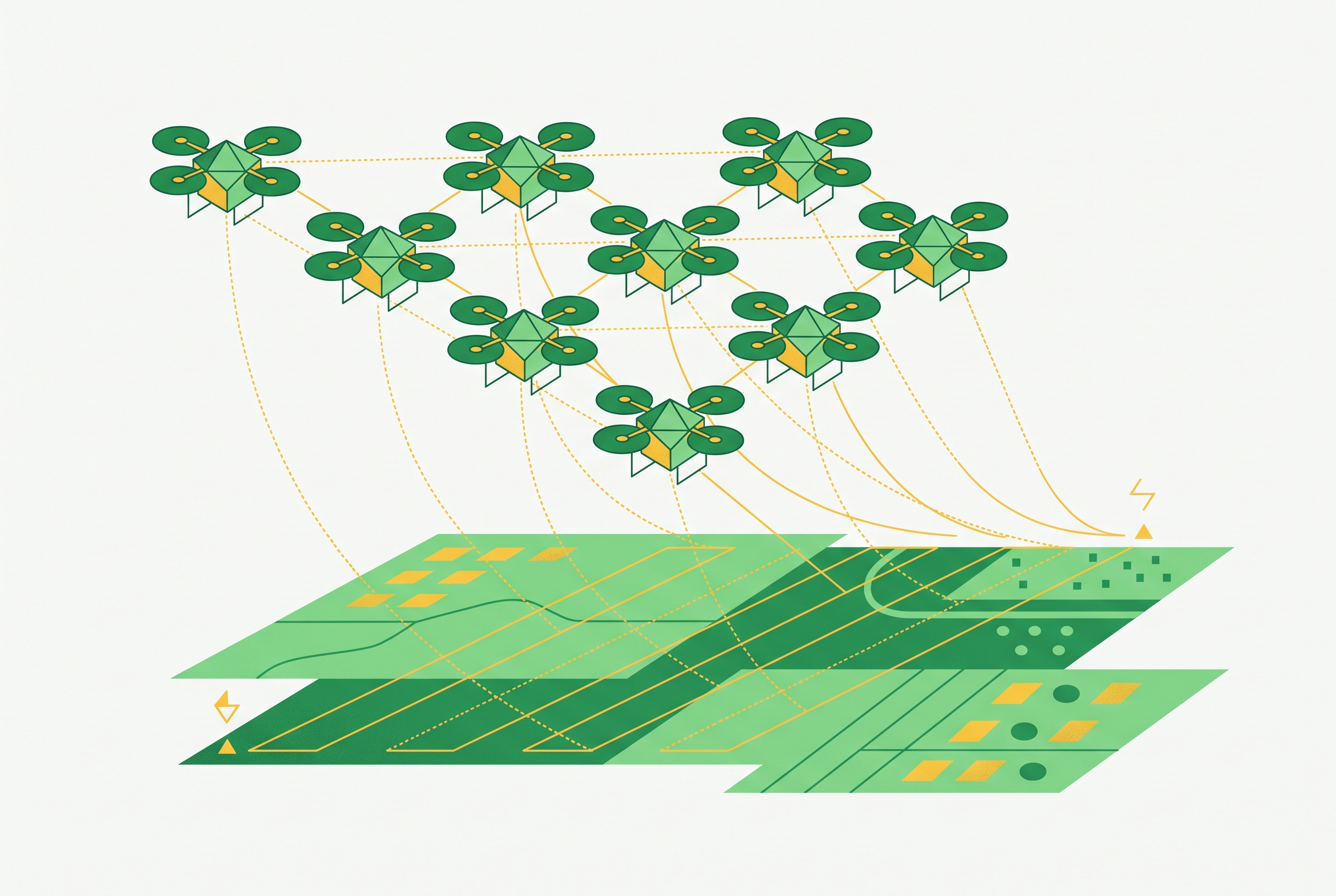 Cover illustration for “Drone Swarm Coordination Protocols for Large Area Survey”