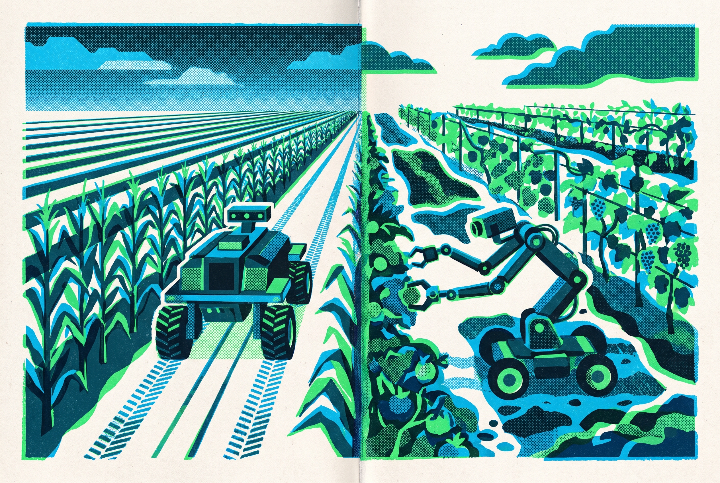 Cover illustration for “Agricultural Robot Performance in Row Crop vs. Specialty Crop Settings”