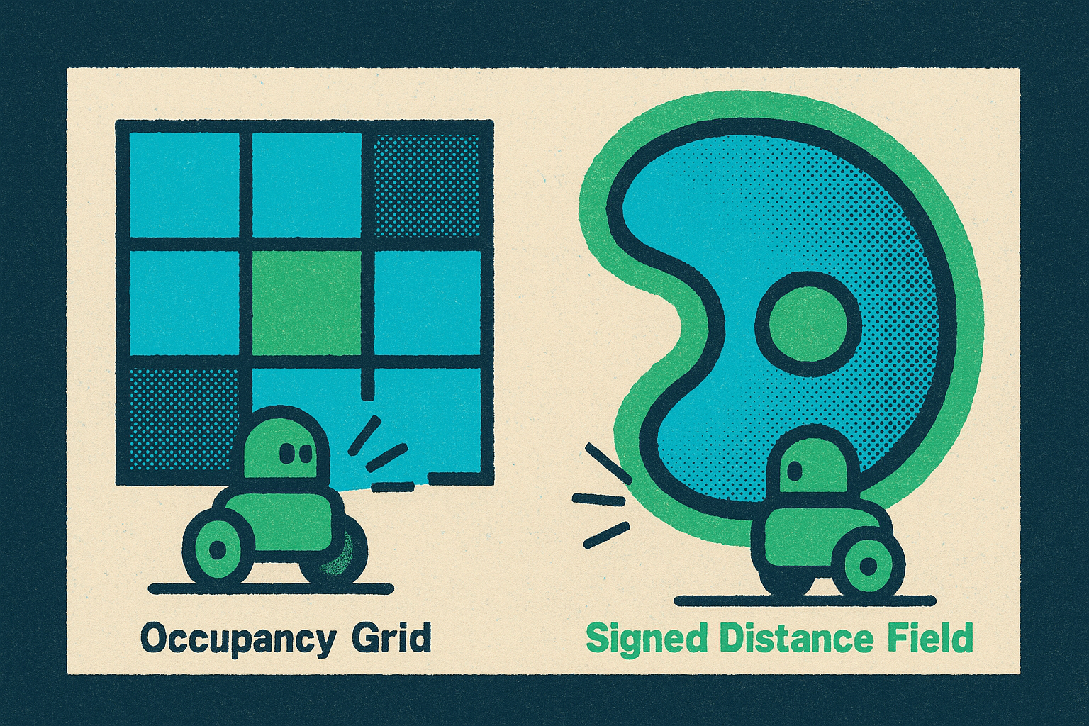 Cover illustration for “Occupancy Grid vs Signed Distance Field Maps in Robot Navigation”