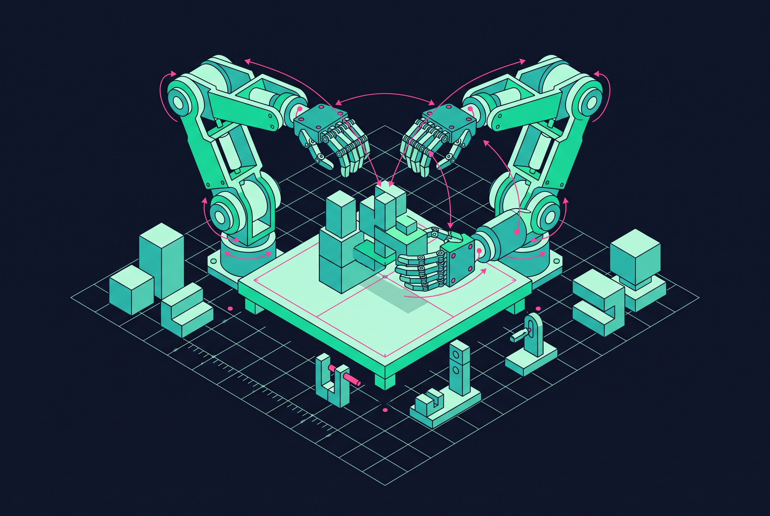 Cover illustration for “Bimanual Coordination Benchmarks for Humanoid Arms”
