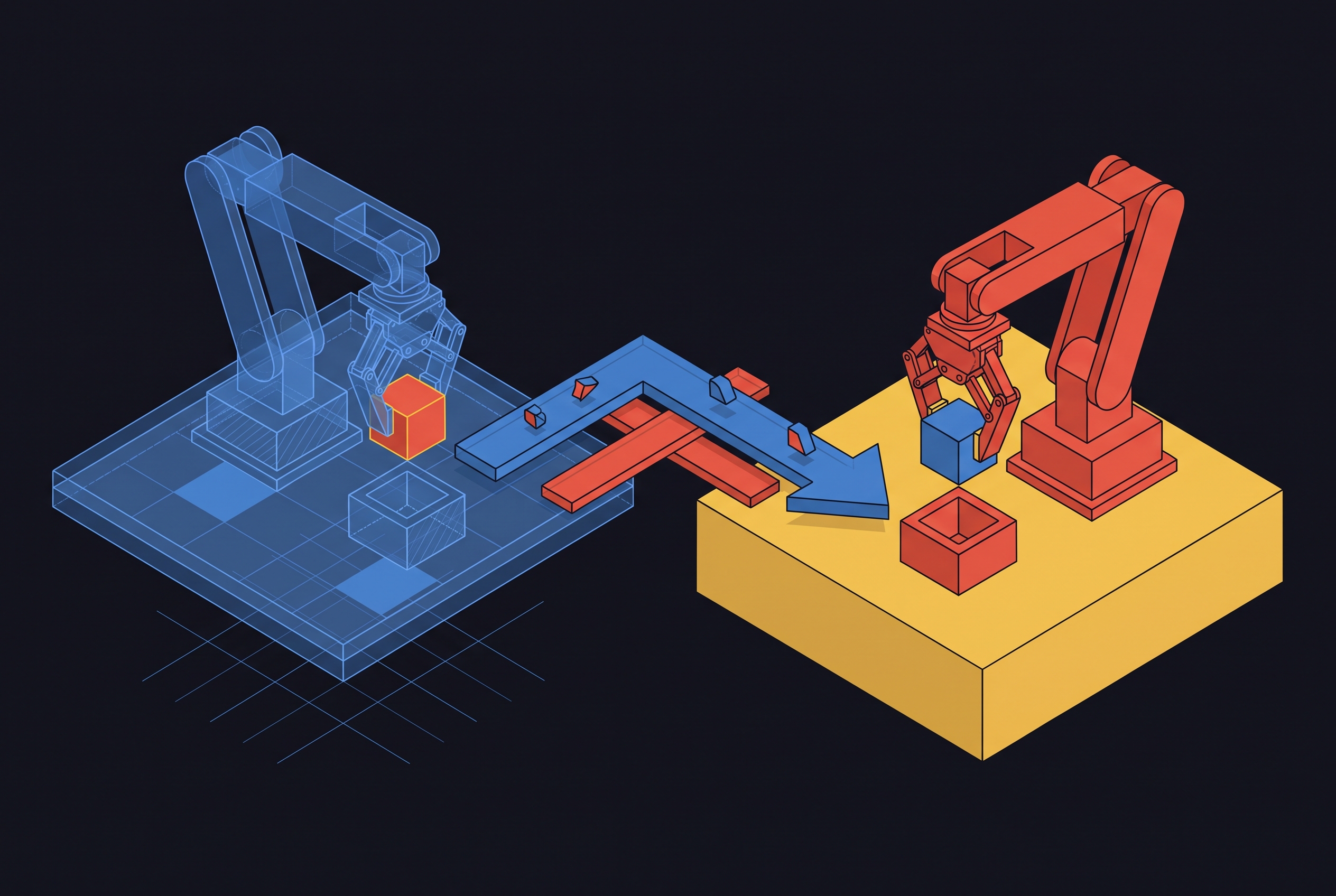 Cover illustration for “Sim-to-Real Transfer Techniques for Manipulation Policies”