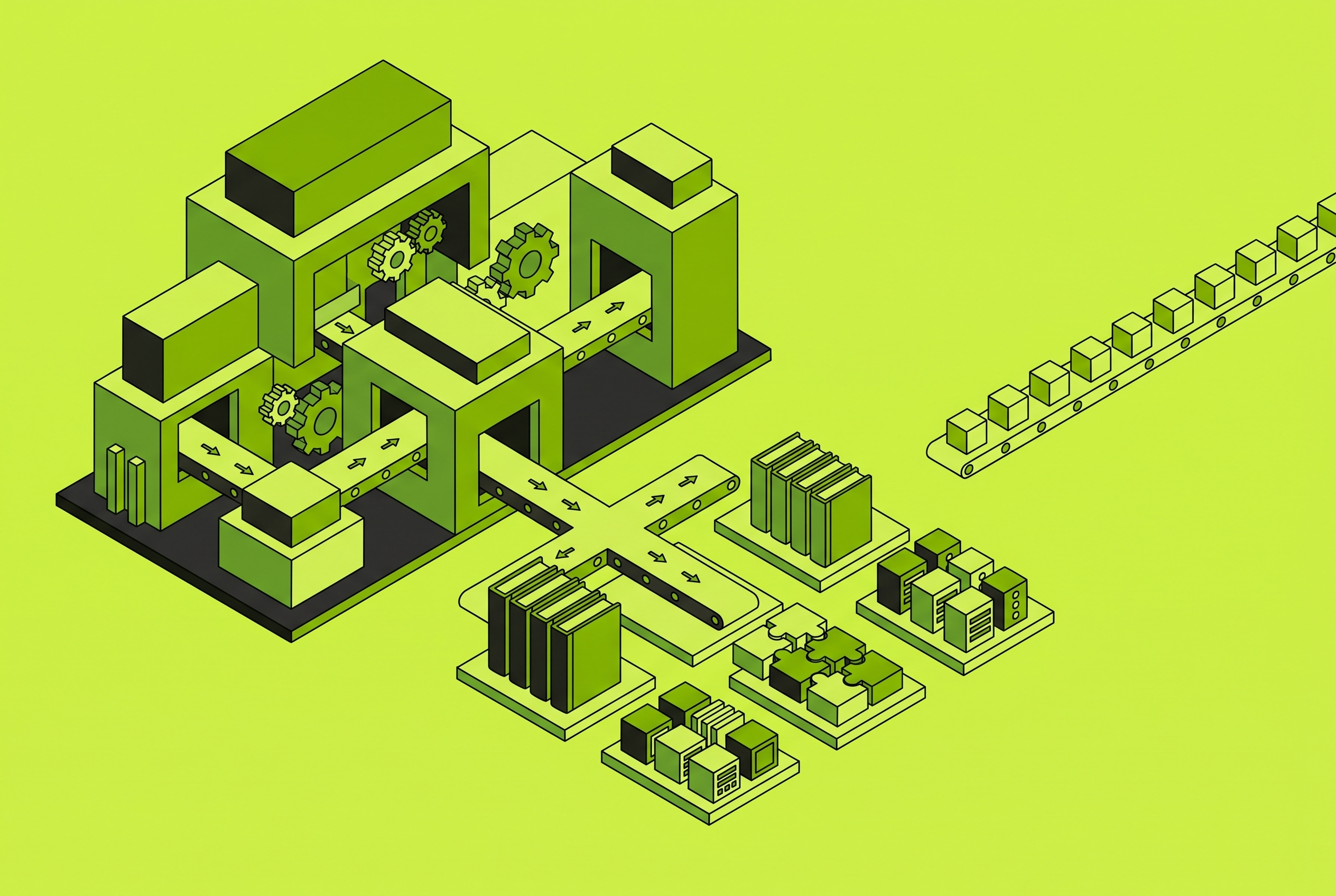 Cover illustration for “What a Software Factory Produces That a CI/CD Pipeline Does Not”