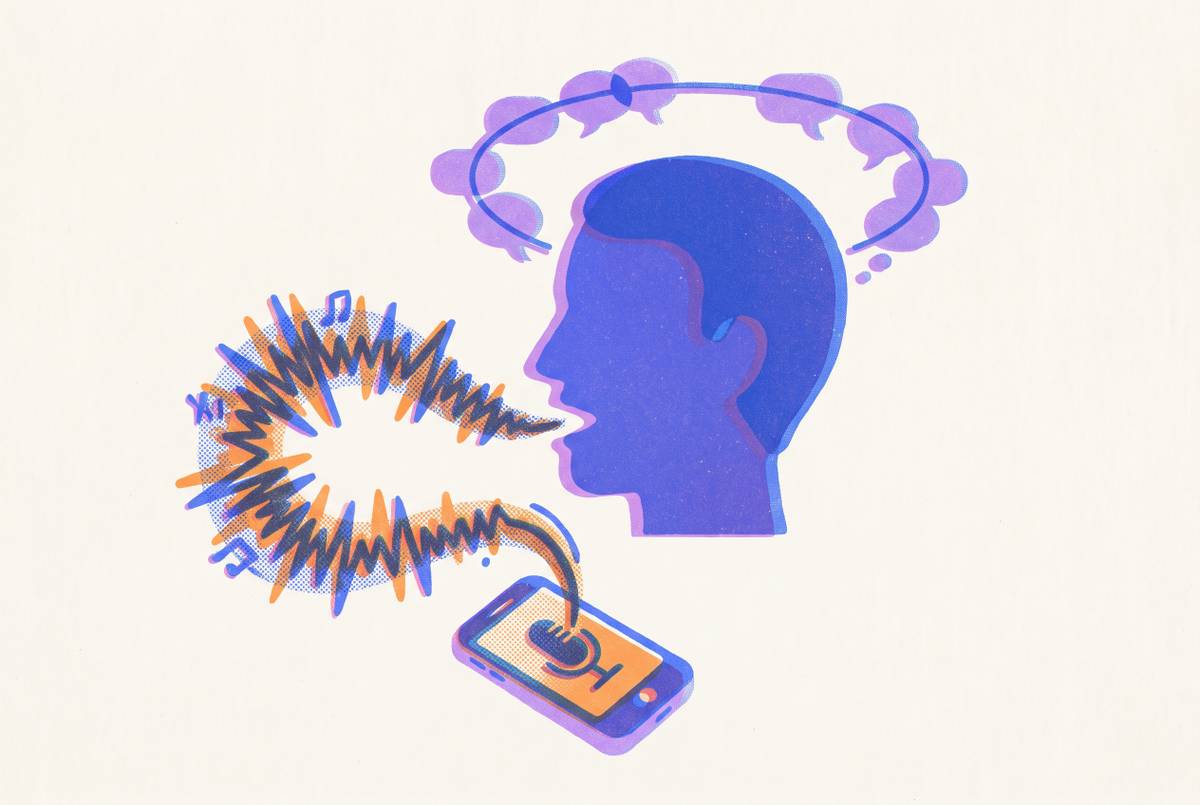 Cover illustration for “Speaking Your Worries Out Loud Into an App Is Not the Same as Talking to Yourself”