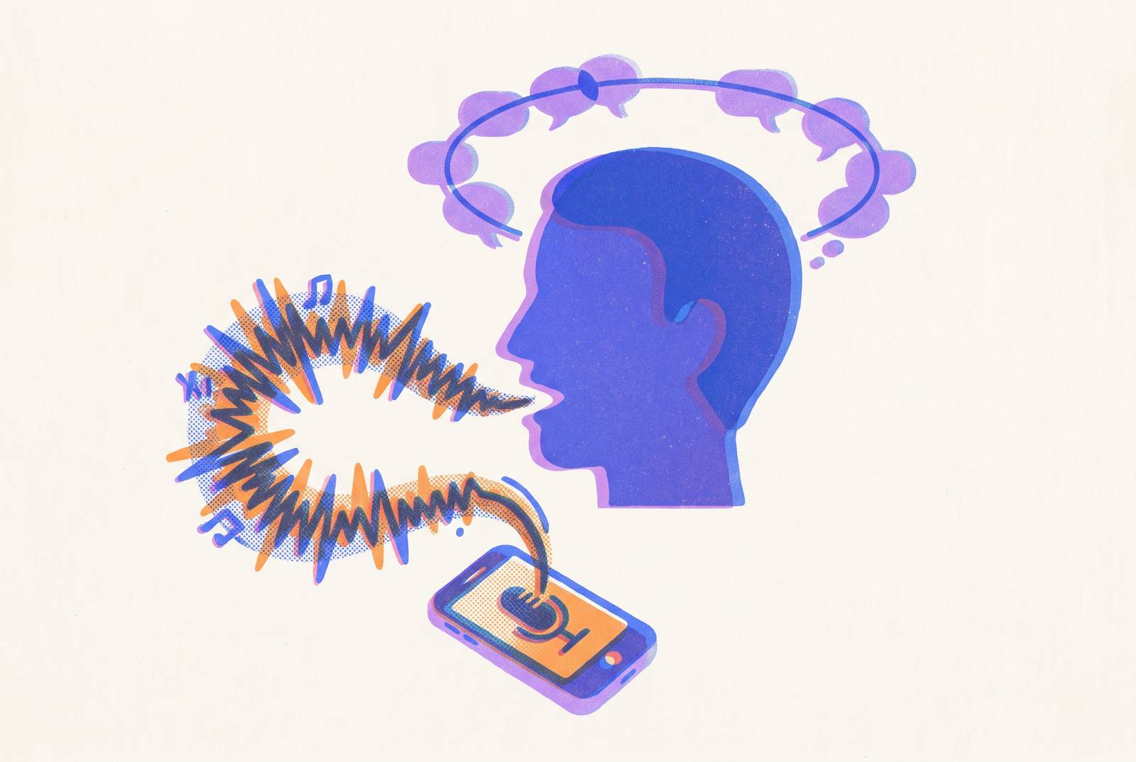 Cover illustration for “Speaking Your Worries Out Loud Into an App Is Not the Same as Talking to Yourself”