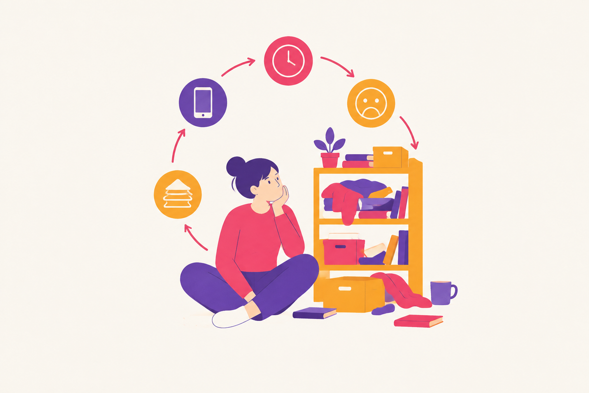 Cover illustration for “The Procrastination Loop That Keeps Clutter on Your Shelves and How App Design Breaks It”