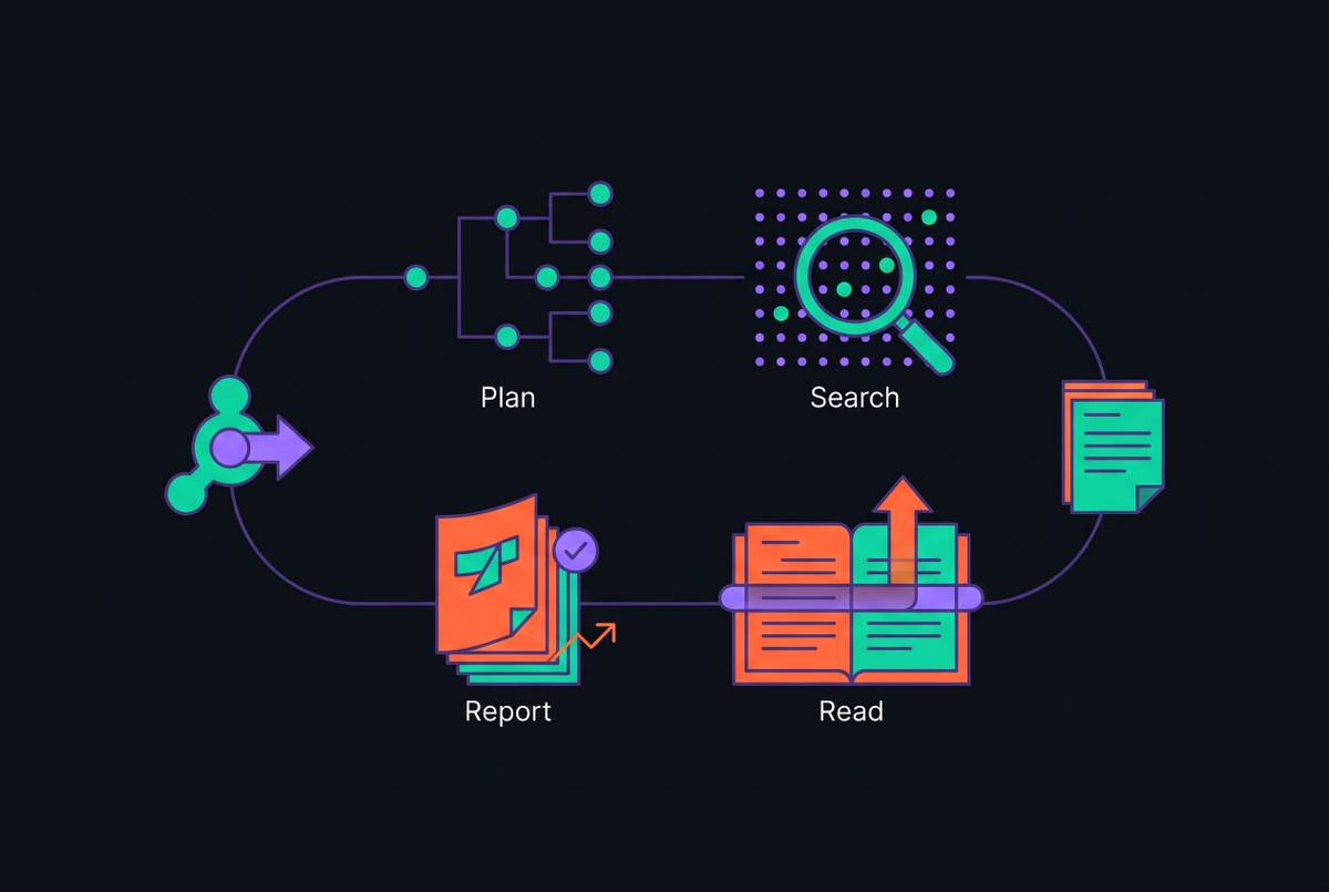 Cover illustration for “Multi-Step Research Agents That Plan, Search, Read, and Return Cited Reports”
