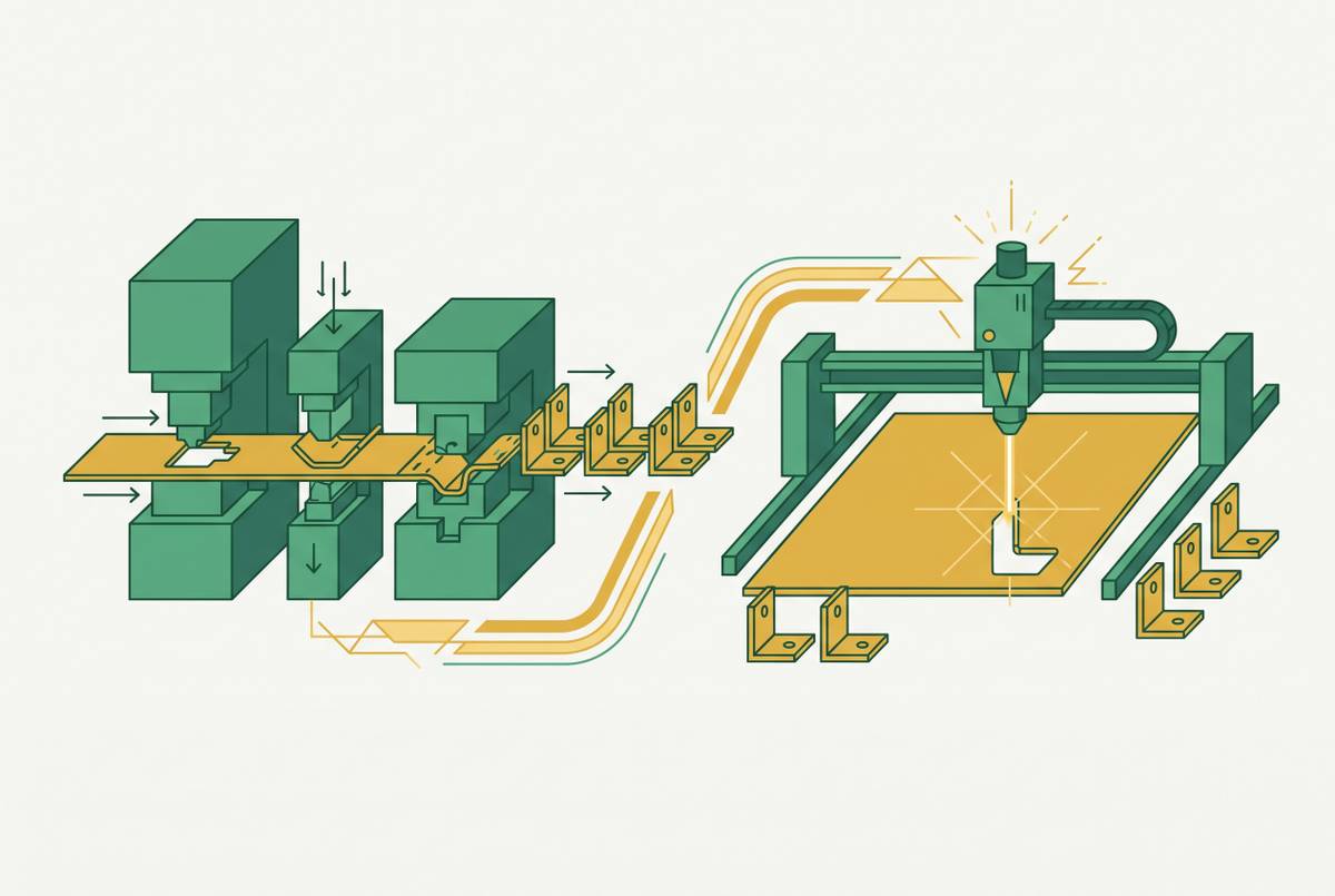 Cover illustration for “Progressive Die Stamping Versus Laser Cutting for High-Volume Brackets”