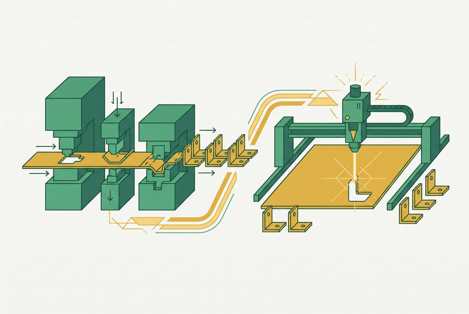 Cover illustration for “Progressive Die Stamping Versus Laser Cutting for High-Volume Brackets”