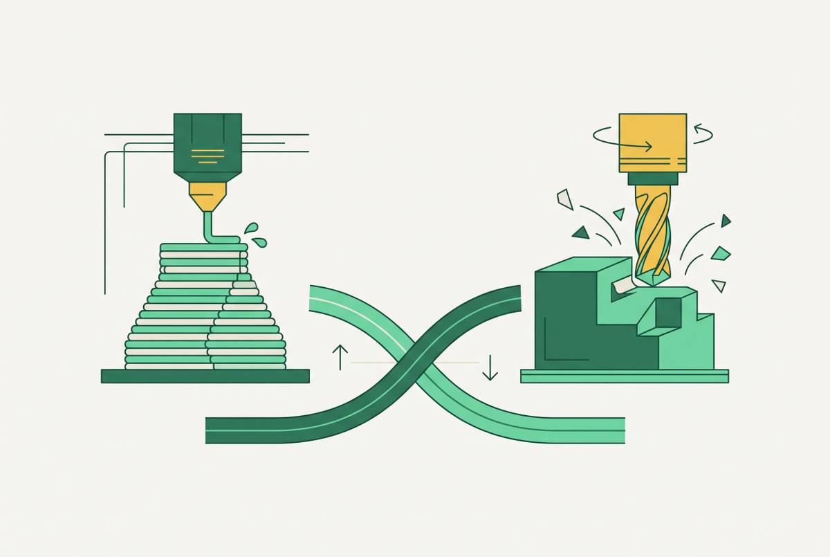 Cover illustration for “3D Printing vs. CNC Cost Crossover by Part Volume and Geometry Complexity”