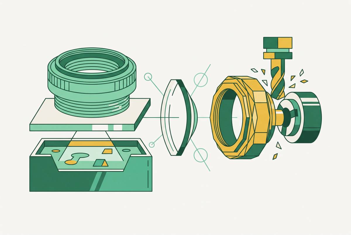 Cover illustration for “Resin Printing vs. CNC for Optical and Lens-Mount Components”