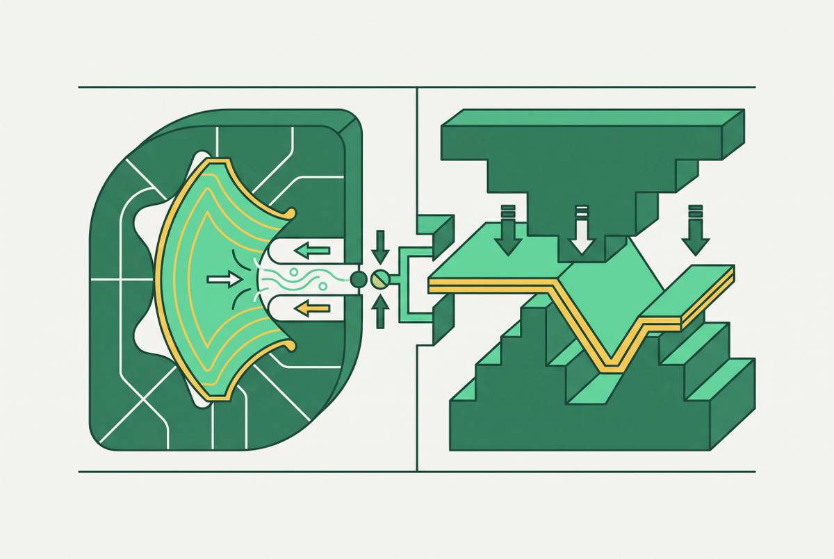 Cover illustration for “Hydroforming vs. Stamping for Complex Curved Sheet Metal Parts”