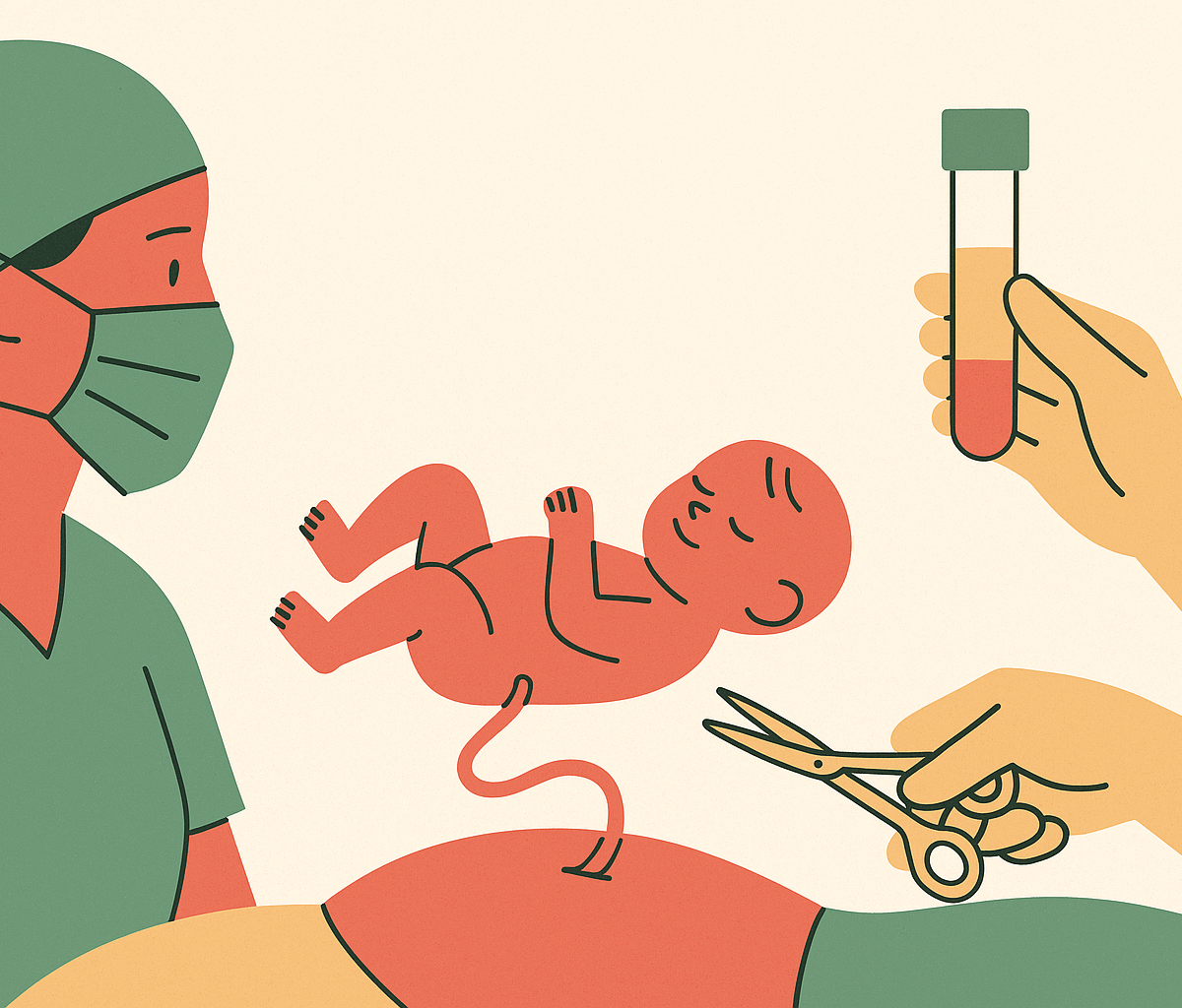 Cover illustration for “Collecting Cord Blood After Cesarean, Twin, and Preterm Births”