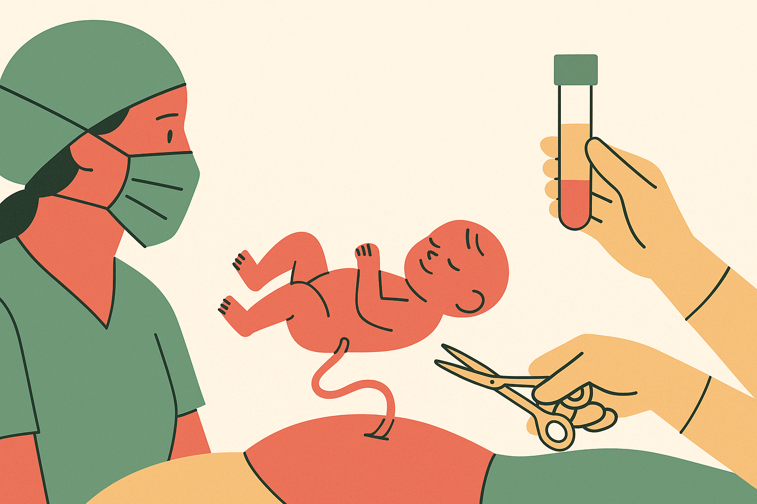 Cover illustration for “Collecting Cord Blood After Cesarean, Twin, and Preterm Births”