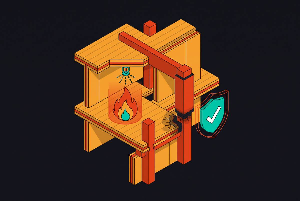 Cover illustration for “Mass Timber Fire Safety Standards and Building Code Compliance”