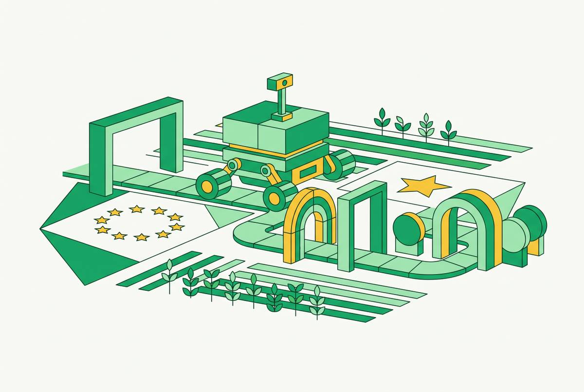 Cover illustration for “Regulatory Pathways for Agricultural Robot Operation in the EU and US”
