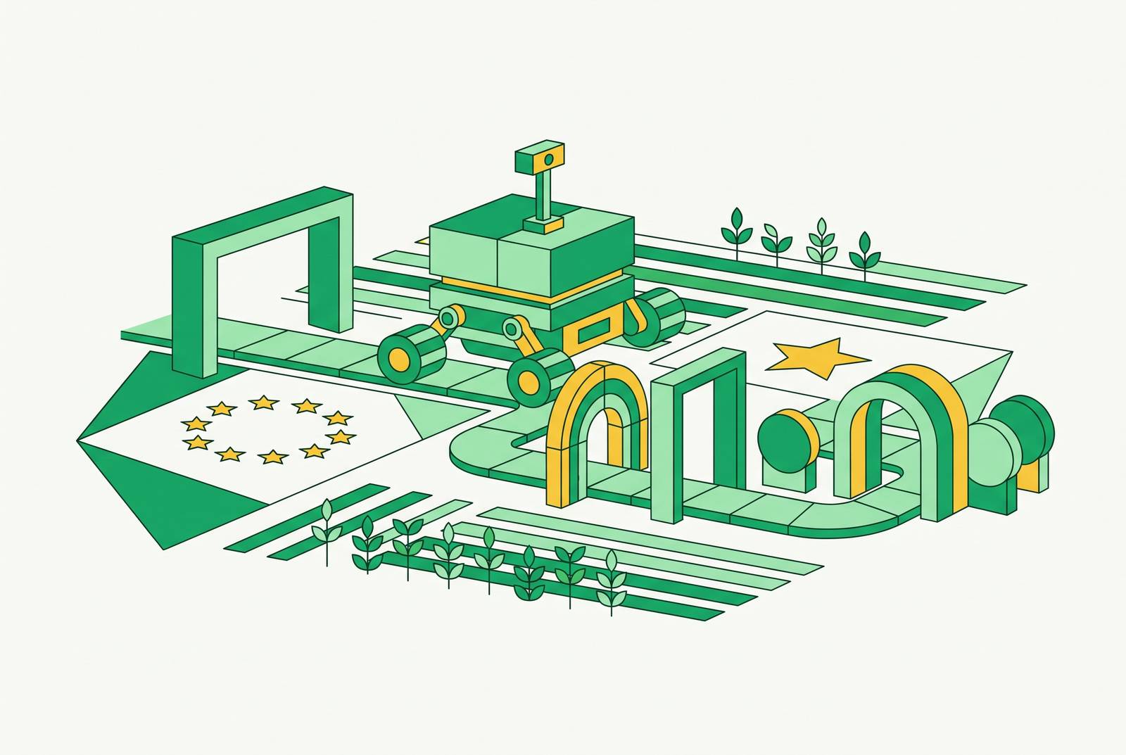 Cover illustration for “Regulatory Pathways for Agricultural Robot Operation in the EU and US”