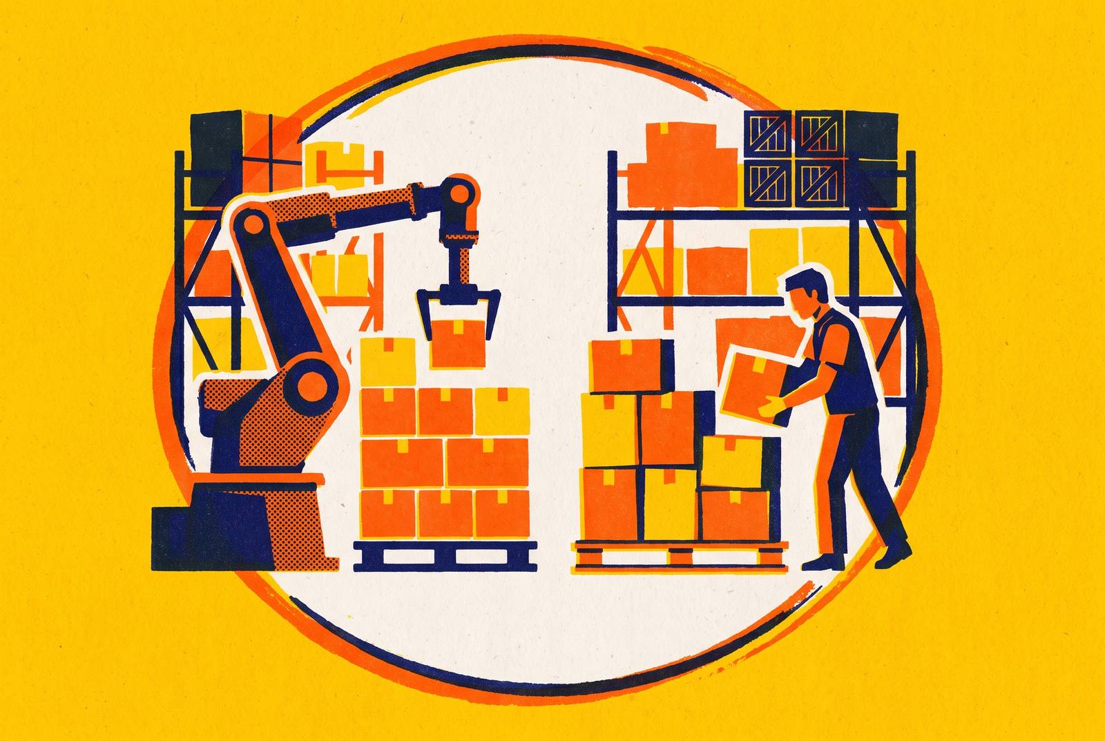 Cover illustration for “Robotic Palletizing vs Manual Palletizing in Food Distribution”