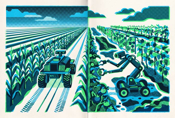 Cover illustration for “Agricultural Robot Performance in Row Crop vs. Specialty Crop Settings”