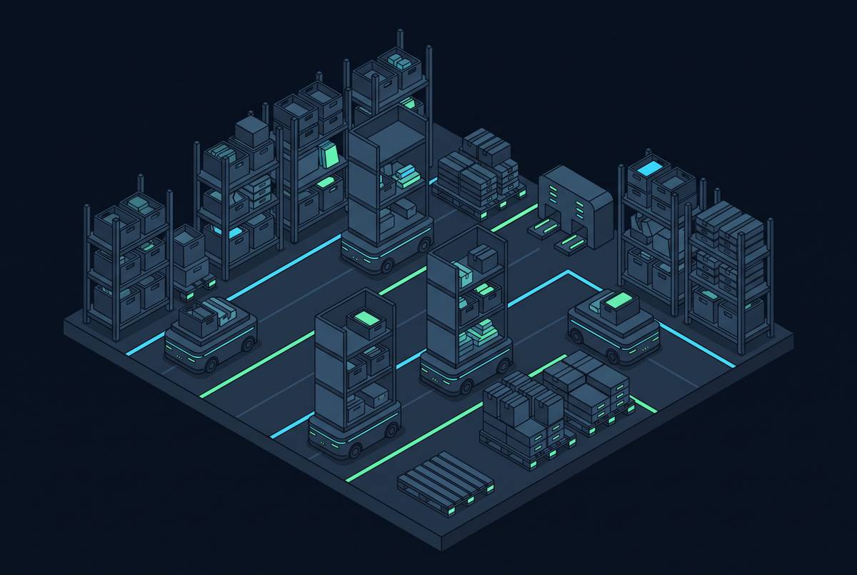 Cover illustration for “Autonomous Mobile Robots in Warehouse Fulfillment”