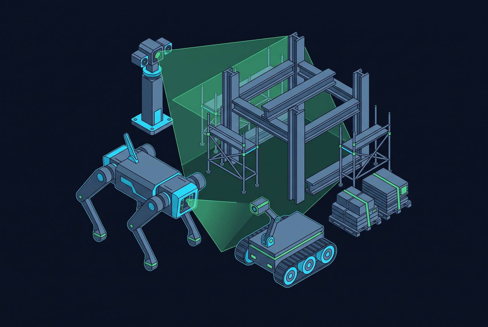 Cover illustration for “Construction Site Robots for Inspection and Monitoring”