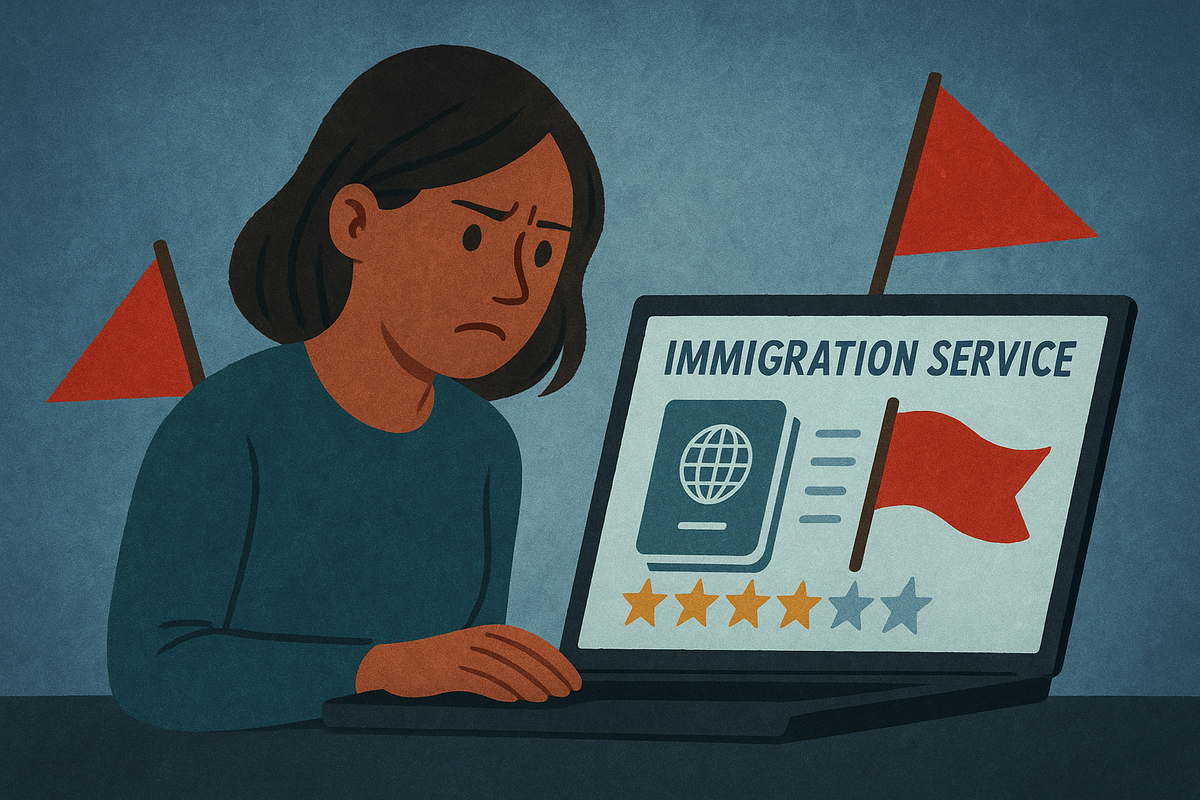 Cover illustration for “Online Immigration Service Reviews and Scam Red Flags”