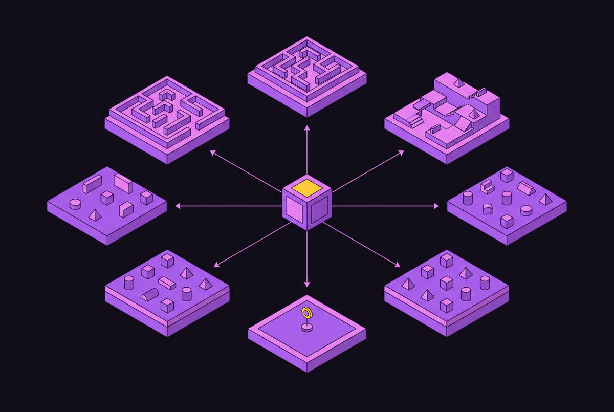 Cover illustration for “Zero-Shot Transfer of Game Policies Across Procedurally Varied Levels”