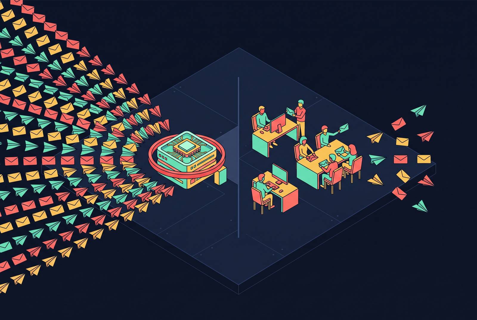 Cover illustration for “AI SDR Platforms vs Human SDR Teams for Outbound at Scale”