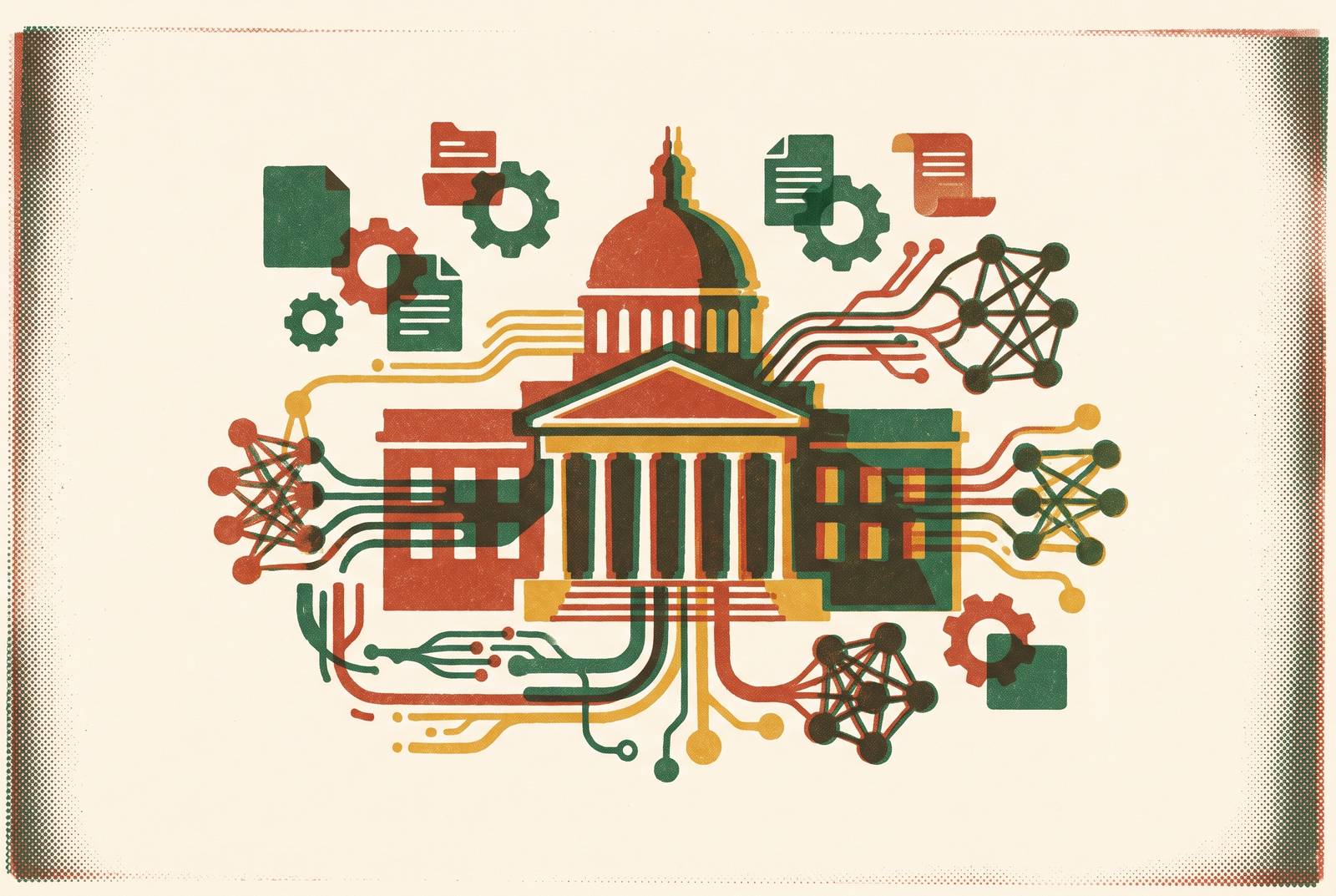 Cover illustration for “Generative AI Applications in Federal and State Public Services”