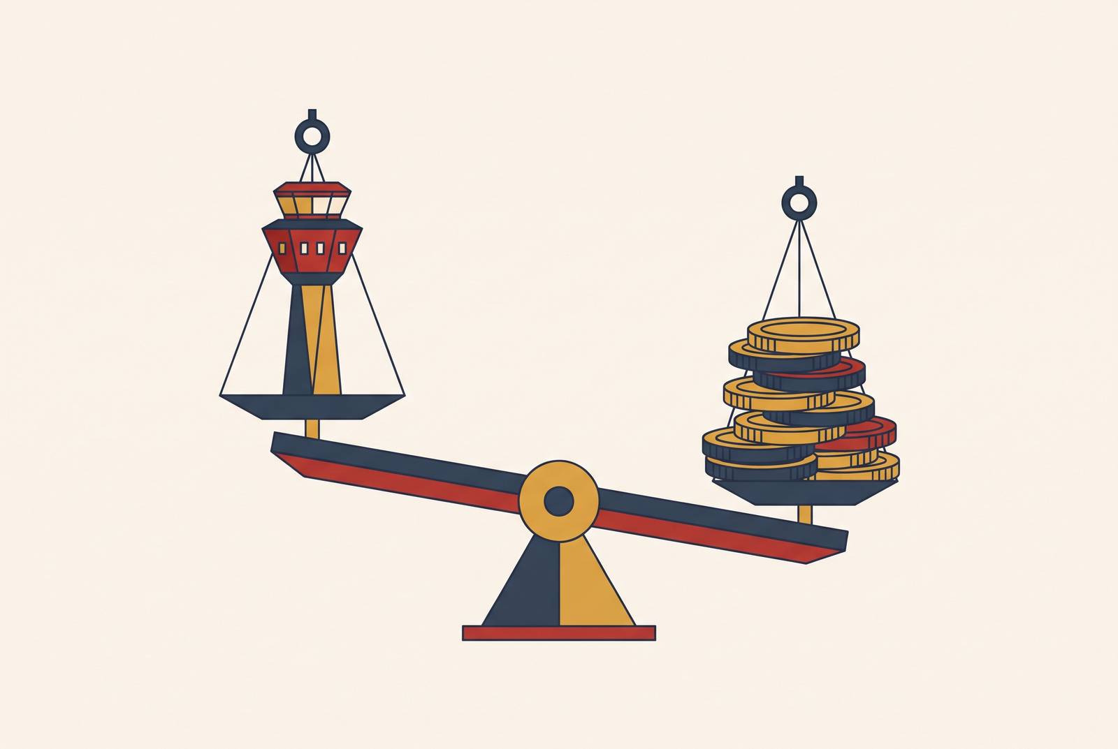Cover illustration for “The Economics and Politics That Keep Most U.S. Airports Uncontrolled”