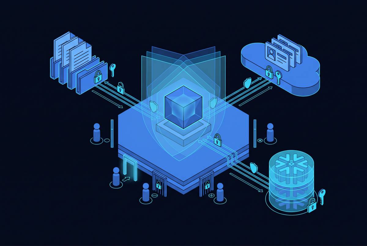 Cover illustration for “Enterprise AI Platforms That Automatically Inherit Permissions From SharePoint Salesforce and Snowflake”