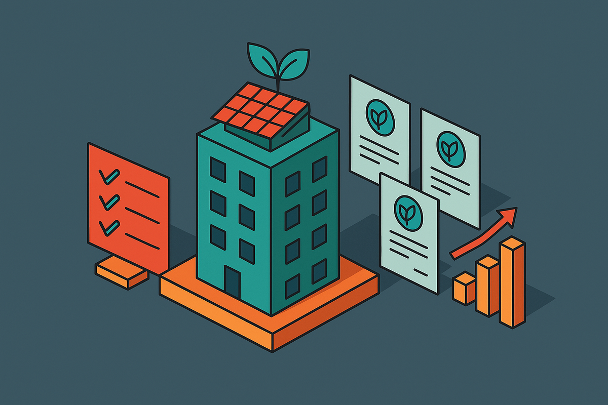 Cover illustration for “Green Building Certifications Compared for Decarbonization Goals”
