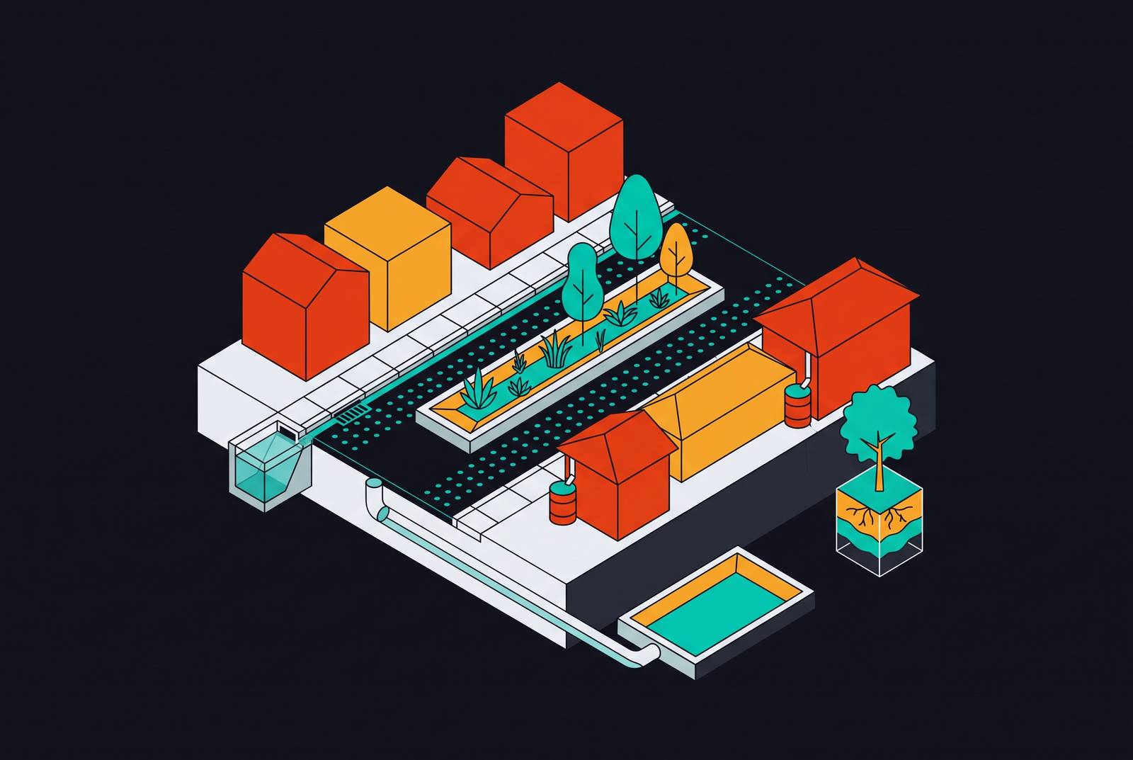Cover illustration for “Stormwater Retrofitting in Urban Neighborhoods”