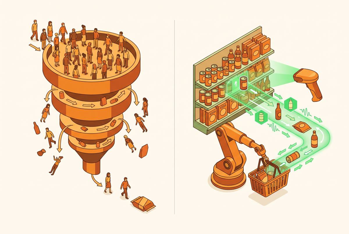 Cover illustration for “AI Agent Commerce vs Traditional Conversion Funnel”