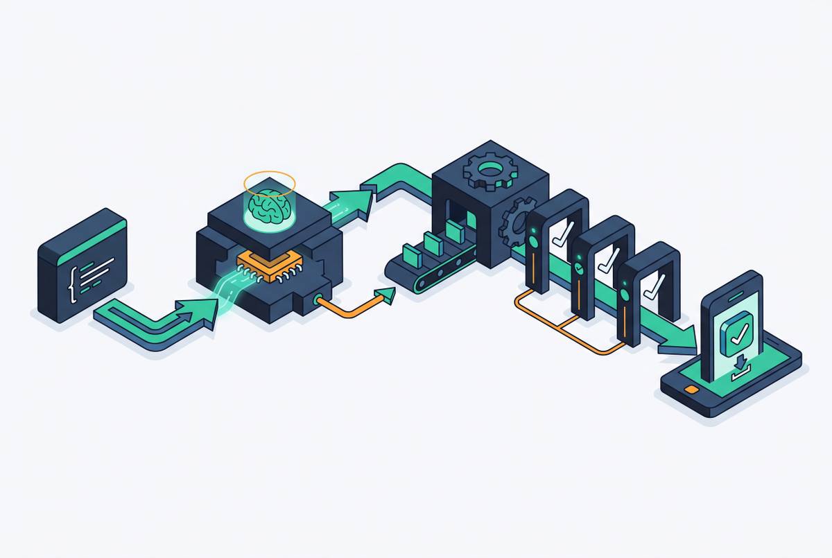 Cover illustration for “CI/CD Pipeline Architecture for AI-Generated Mobile Code”