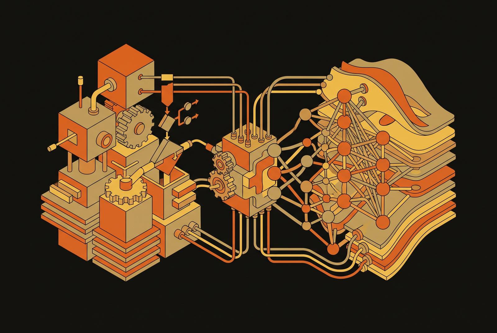 Cover illustration for “Hybrid Architectures Combining Rule Engines and Generative AI”