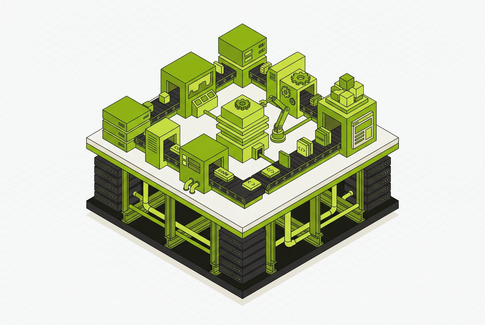 Cover illustration for “Why the Software Factory Needs an Infrastructure Layer of Its Own”