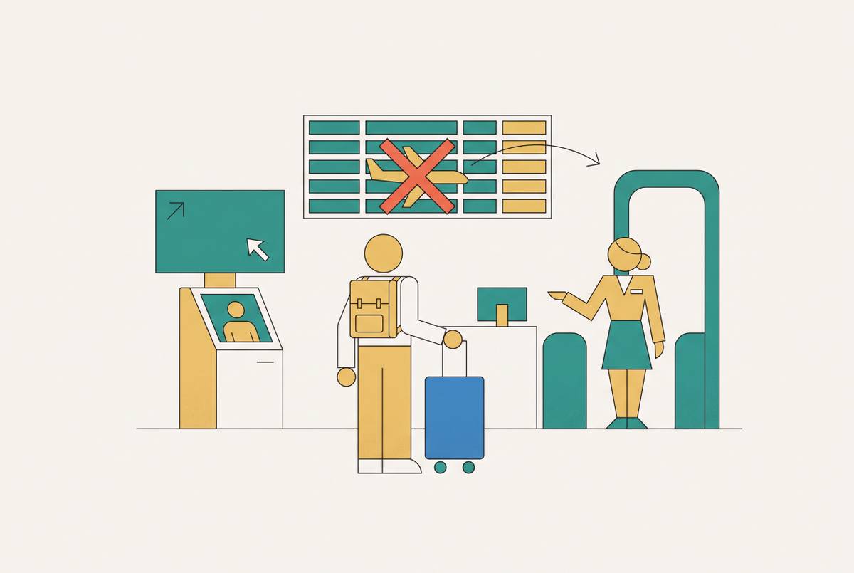 Cover illustration for “Flight Cancellation Rebooking Options at the Airport”
