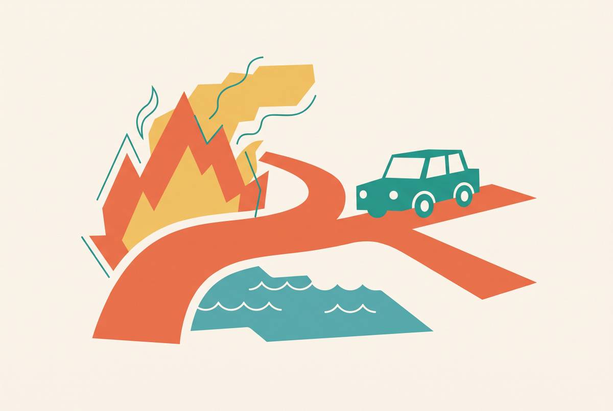 Cover illustration for “Rerouting a Road Trip Around Wildfires or Flooding”