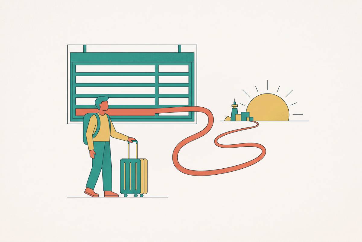 Cover illustration for “Extending a Trip When Flights Home Are Cancelled”