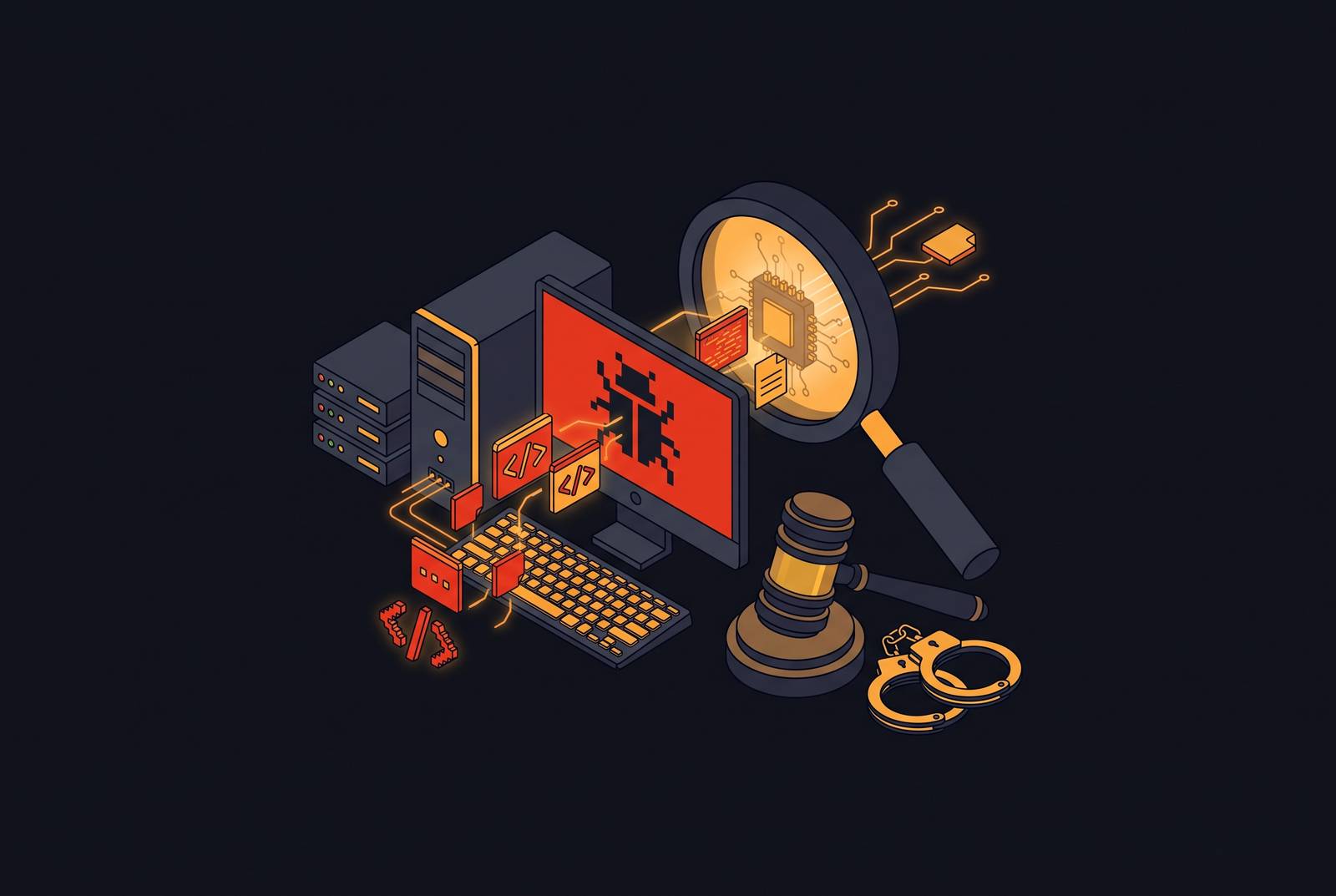 Cover illustration for “Malware-as-a-Service Developers Identified and Charged”